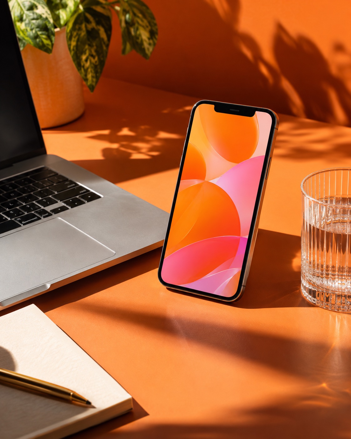 A creative workspace with a smartphone and laptop in warm orange light