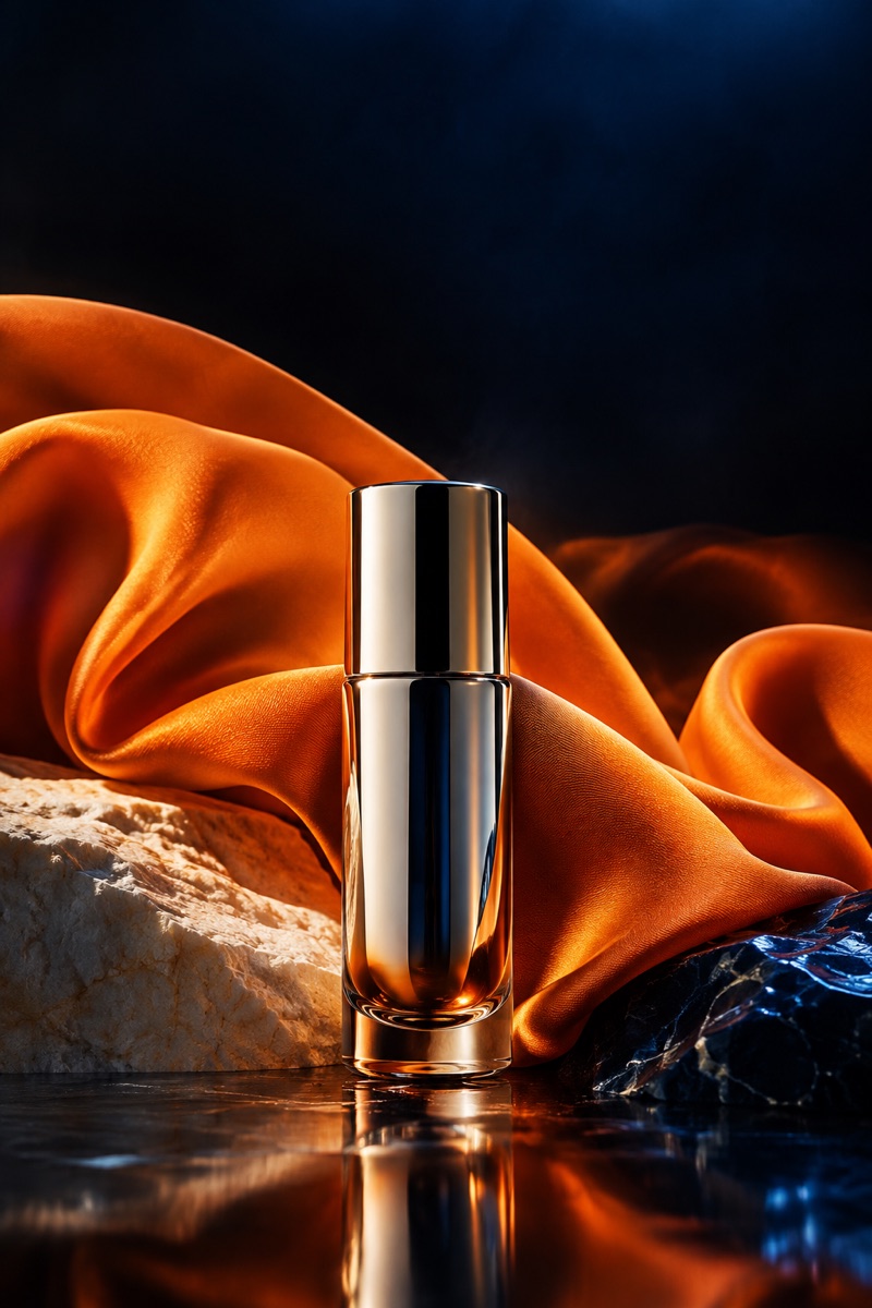 Reflective cosmetic bottle with sculptural orange fabric