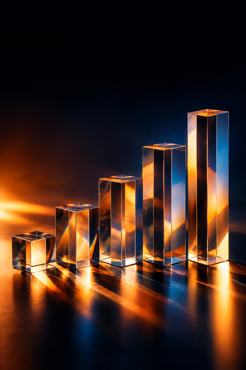 Glass prisms catching orange light in a dark studio