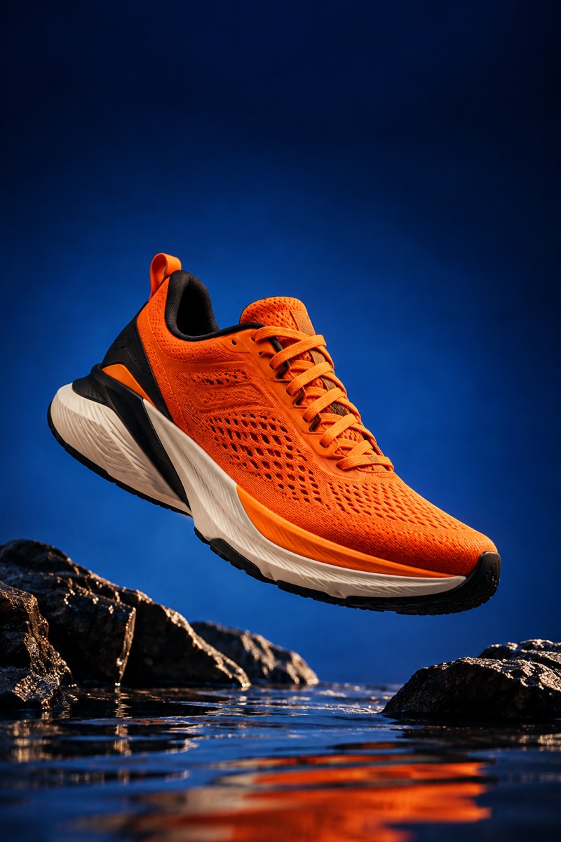 Orange running shoe suspended against a cobalt studio backdrop