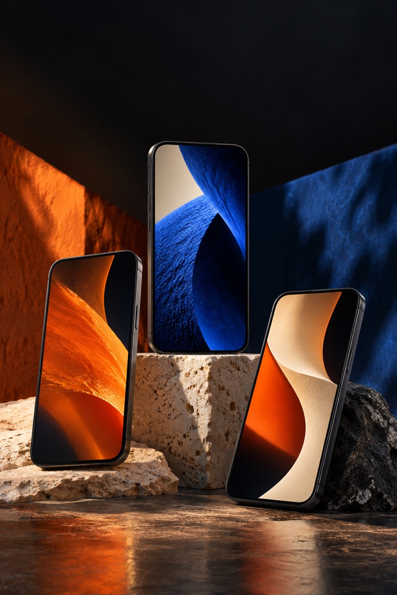Sculptural arrangement of smartphones with colourful creative imagery