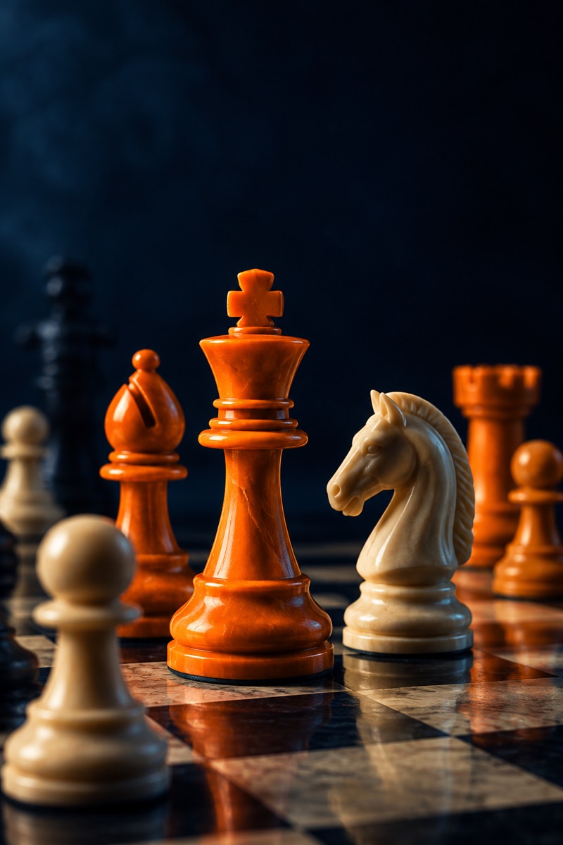 Orange and ivory chess pieces on a dark board